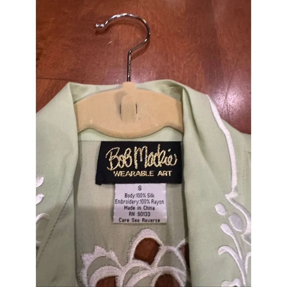 Bob Mackie Wearable Art 100% Silk Embroidered Blouse Top Sage Green Button Front - Picture 2 of 5